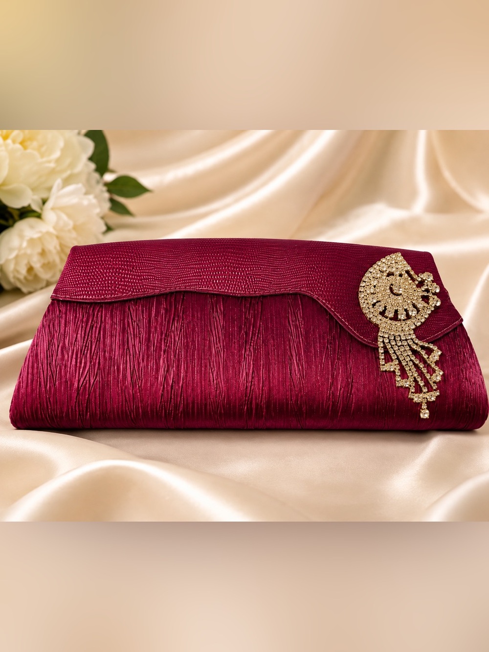 Magenta Satin Evening Clutch Purse | Rhinestone